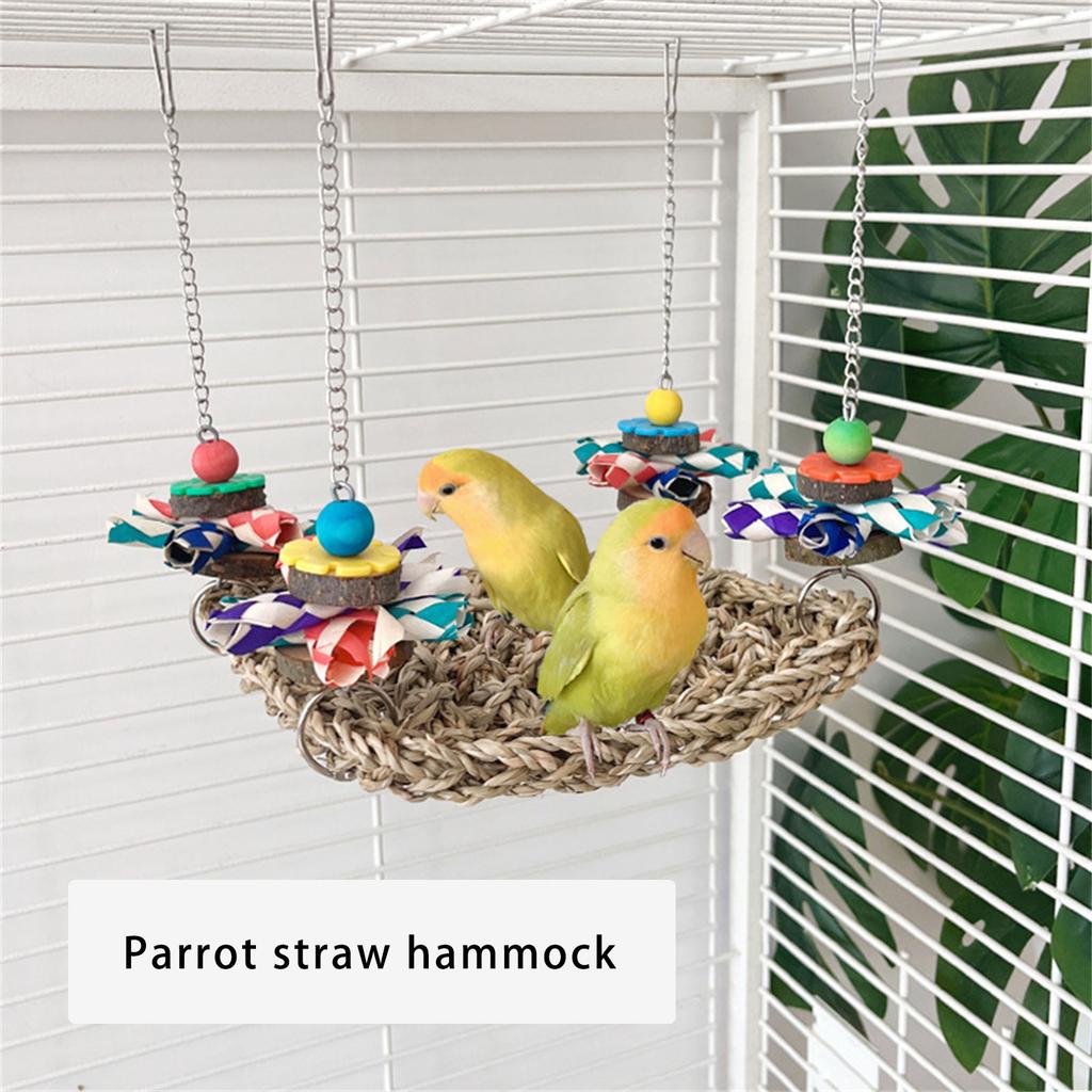 Multiuse Bird Perch Chewable Hammock Cage Hanging Toy with Natural Woven Straw Safe For Pet Parrots Entertainment Fun