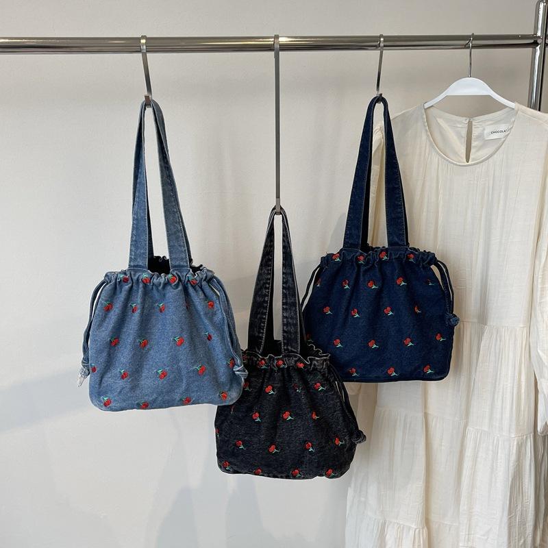 Fashion Denim Tote Bag for Women with Cherry Print Casual Messenger Handbag with Drawstring Closure and Polyester Lining Large Capacity Shoulder Bag