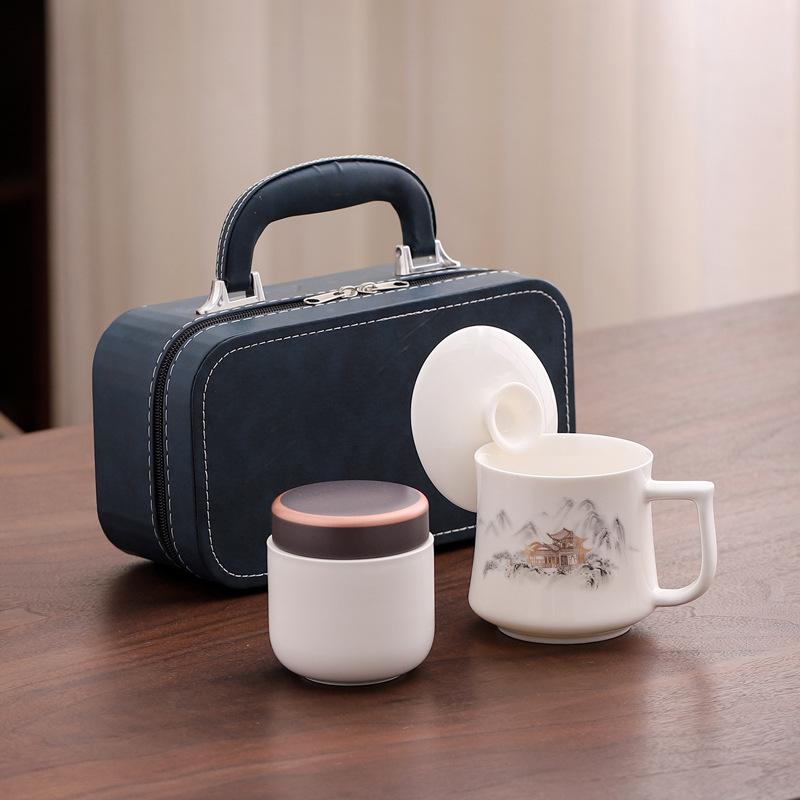 Suet jade porcelain complete set of kung fu tea set meeting guests simple Chinese household ceramic cover bowl teapot office cup