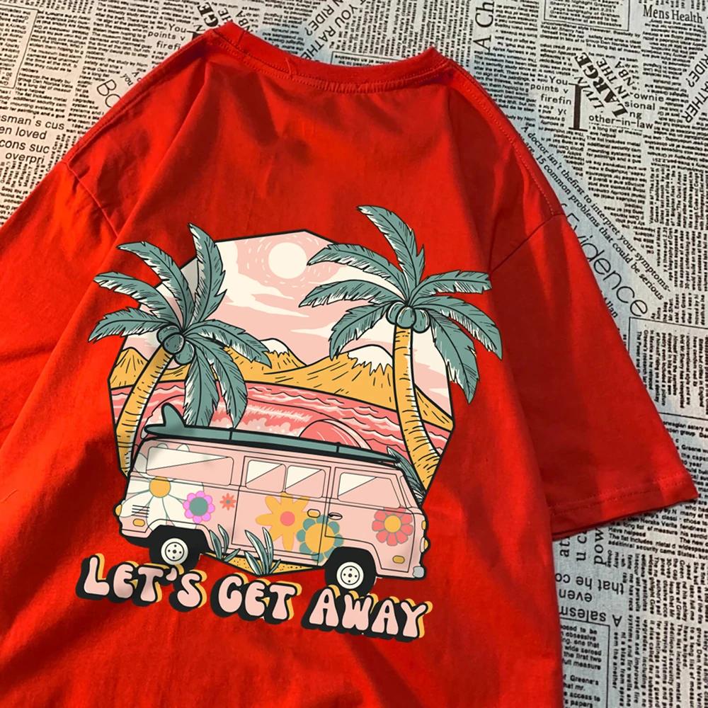 Давайте уедем, поедем на автобусе, поедем в отпуск, напечатанные мужские футболки Harajuku, дышащая футболка, летняя одежда, модная свободная футболка