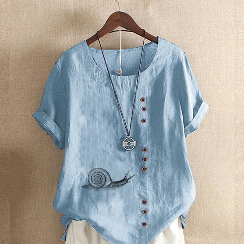 Women's Fashion Round Neck Short Sleeve T-shirt Casual Cotton Linen Graphic Shirt Leisure Loose Snail Prined Summer Blouse Tops