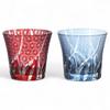 Mizukage Kiriko Pair of Glass Ranbori Komon Red Ink Bisho J-kitchens Cups, 94xH85mm, 240cc, (Small Pattern) & Blue, (Current Model)