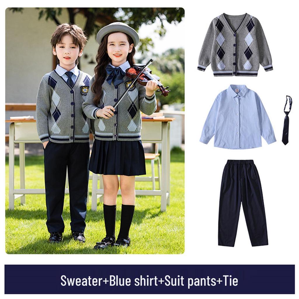Британский стиль Трикотажный комплект школьной формы из трех предметов для воспитанников детского сада и учеников начальной школы - Весна, Осень и Зима
