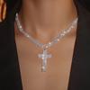 1pcs Luxurious Multi-layered Rhinestone Cross Copper Pendant Necklace Silver Neck Gift
