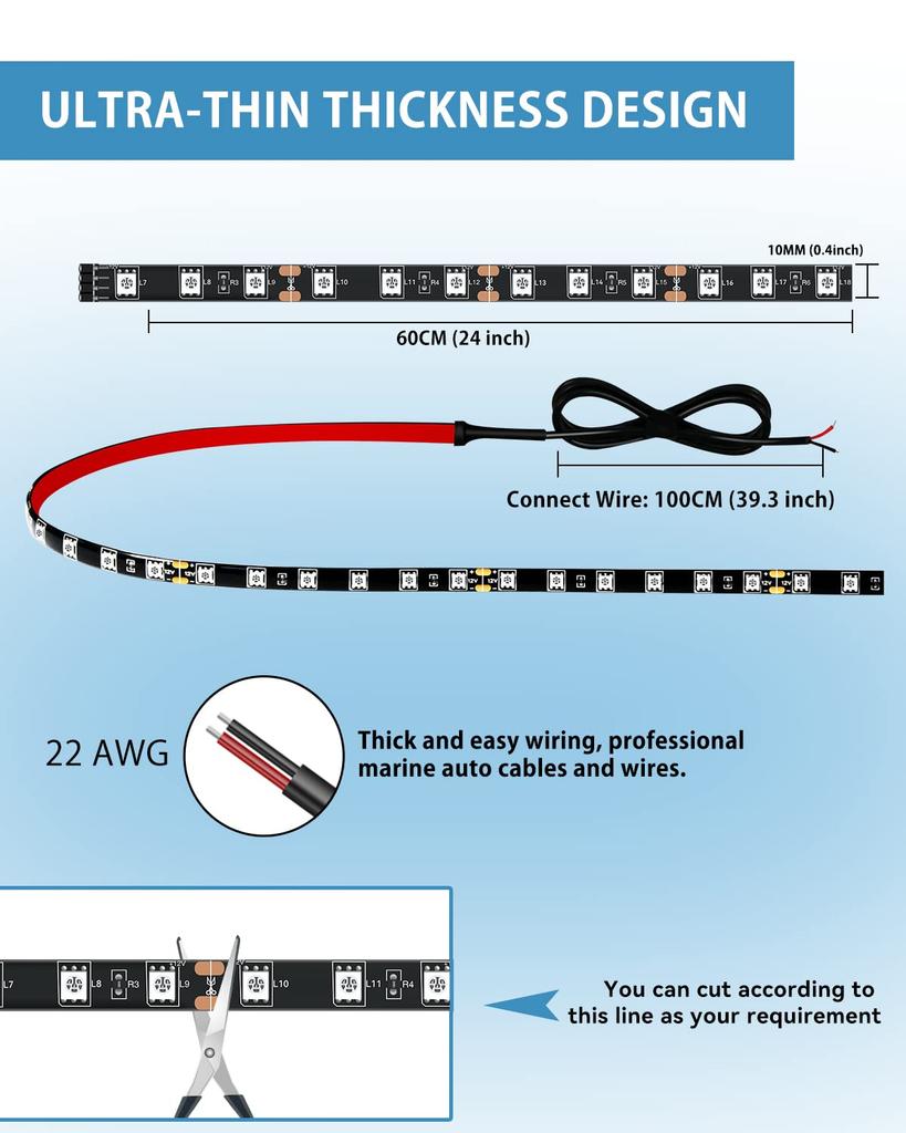 60cm LED Strip Lights for Car Foot Golf High 4 Strips Interiors, Lights, Motorcycles, Taillights, Carts, Boats, Green, Brightness, Waterproof,