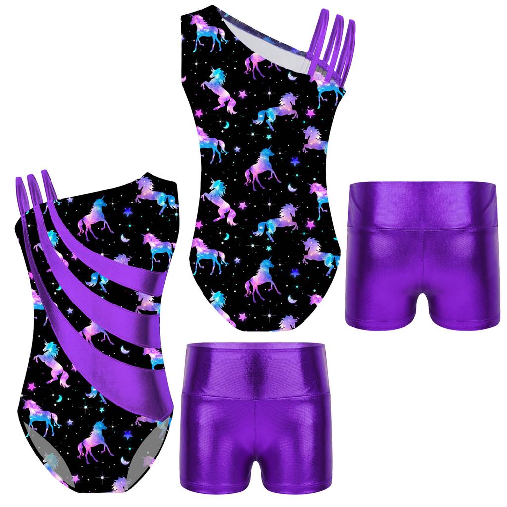 Детские гимнастические купальники без рукавов с асимметричными бретелями и шортами для девочек, спортивные танцевальные велосипедки