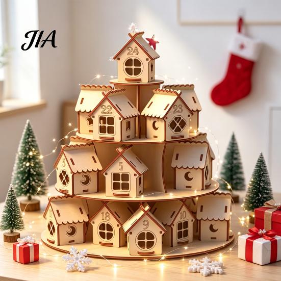 Christmas Party Decoration Wooden Advent Calendar, 24 House Countdown Display Stand with Tree Calendar Shape, Festive Holiday Tabletop Shelf