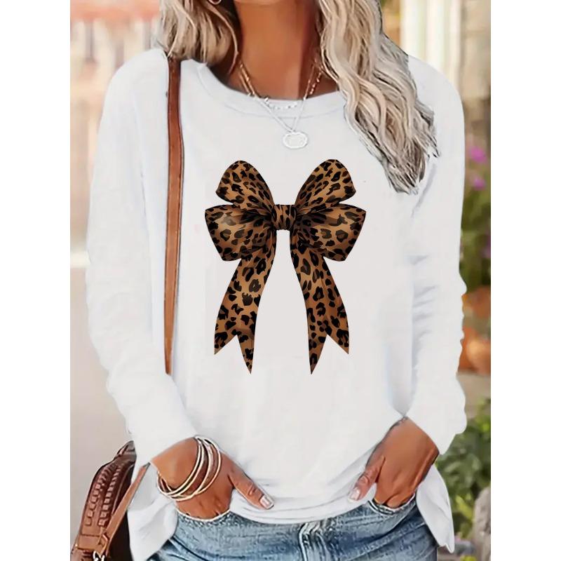 Bow Heart Love Leopard Print Long Sleeve Shirt Funny T Shirt Women's Print T-Shirt Crew Neck Top Tee Tshirt Casual