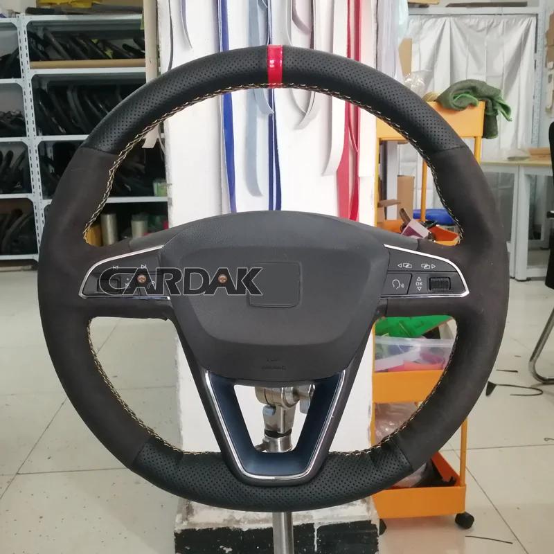 CARDAK DIY Black Suede Leather Car Steering Wheel Covers For Seat Leon 5F Mk3 2013- Ibiza 6J Tarraco Arona Ateca Alhambra