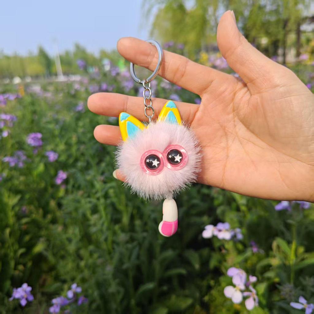 Adorable Rex Rabbit Fur Kitten Keychain - Plush Heart Cartoon Design with Free Shipping