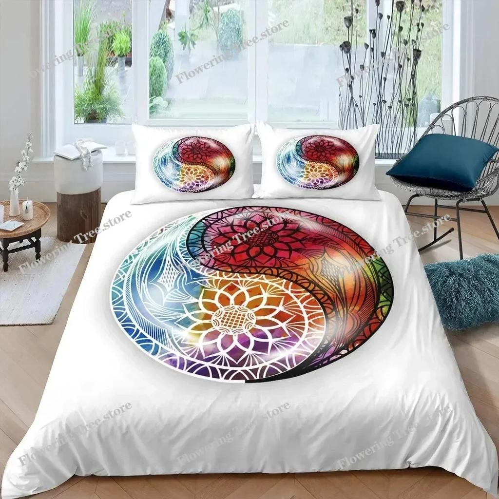 Черно-белый комплект постельного белья Bohemian Mandala для детей Детский полиэстеровый пододеяльник с рисунком Инь и Ян King Size