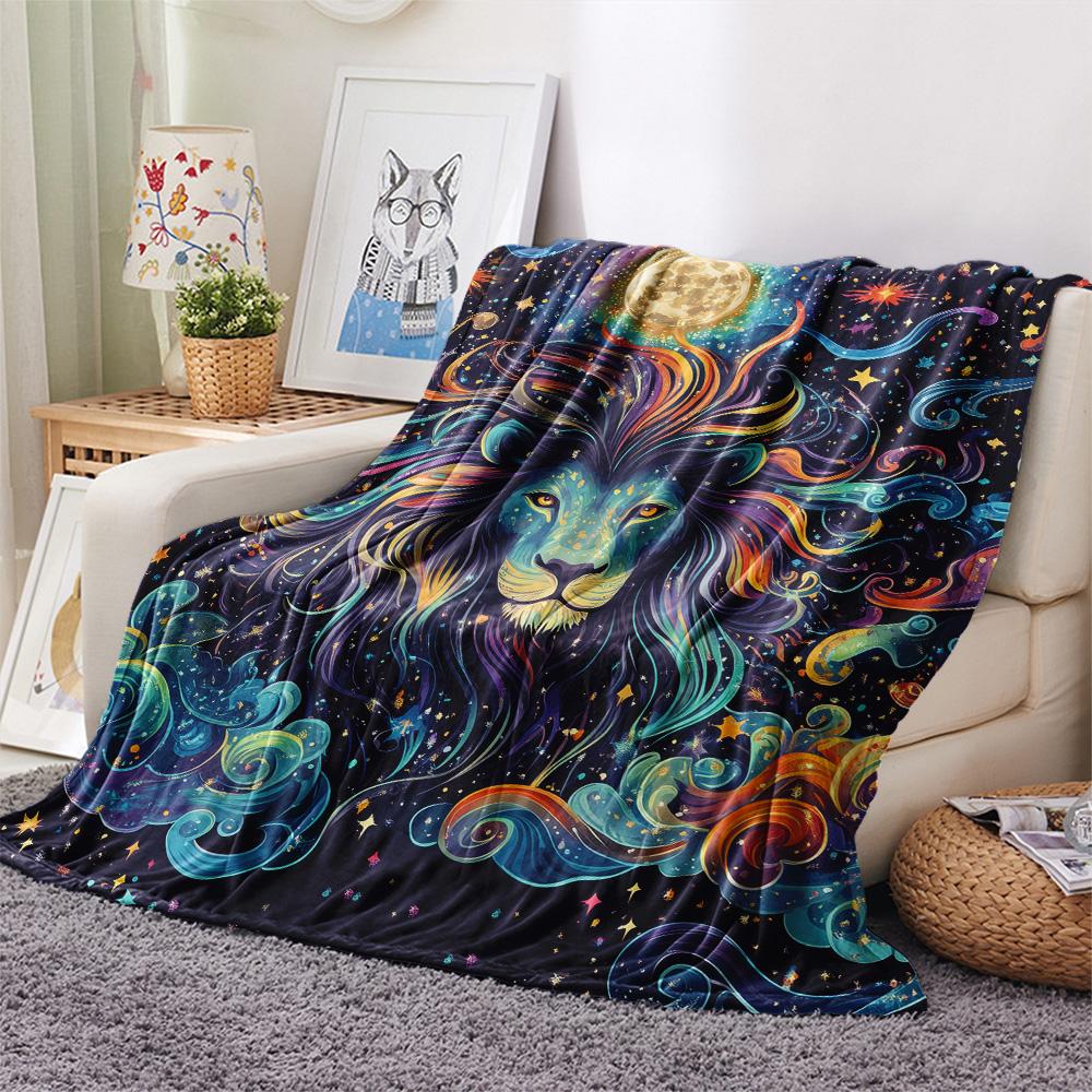 Starry Sky Lion Print Flannel Blanket, High quality Comfortable for All Seasons, Home Decor, Warmth and Comfort
