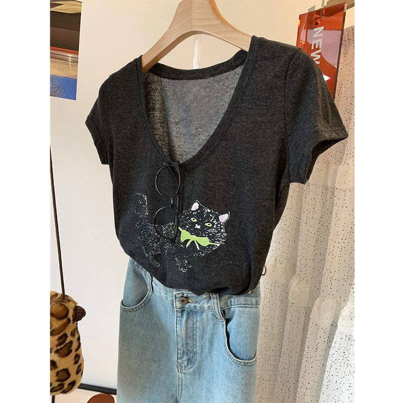 Plus-Size Vintage Cat Print V-Neck Short-Sleeve T-Shirt for Women, Summer Breathable Lightweight Top