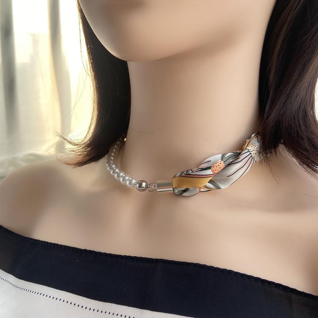 French Silk Scarf Necklace Imitation Pearl Clavicle Neck Magnetic Buckle Scarf
