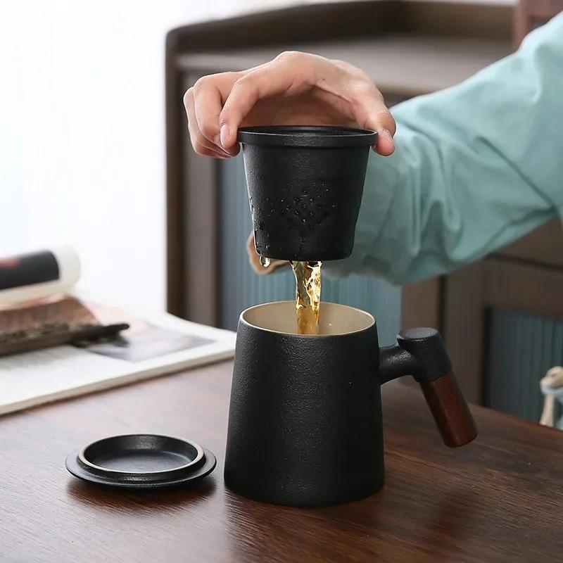 400 мл керамическая кружка с деревянной ручкой, набор стаканов для воды с заварником и крышкой, двойной фильтр для стенок, чайная чашка для офиса и дома, подарочный набор в коробке