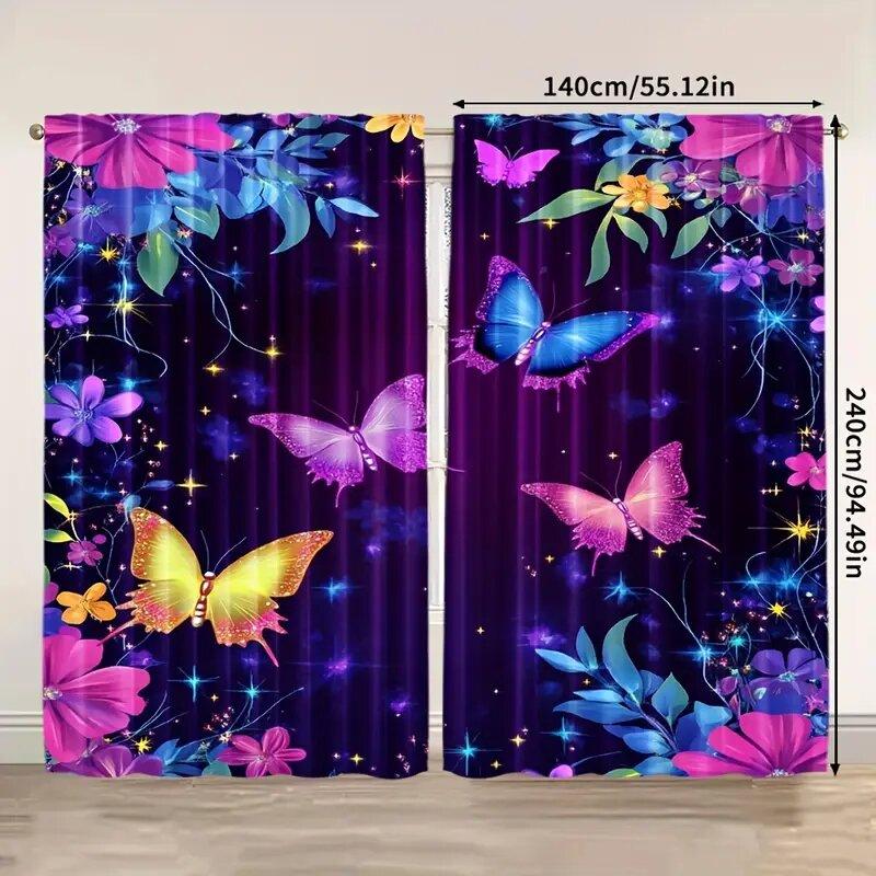 Blue And Purple Butterfly Print Curtains, Pole Bag Curtains, 42*84, Bedroom And Living Room, Home Decoration, Room Decoration