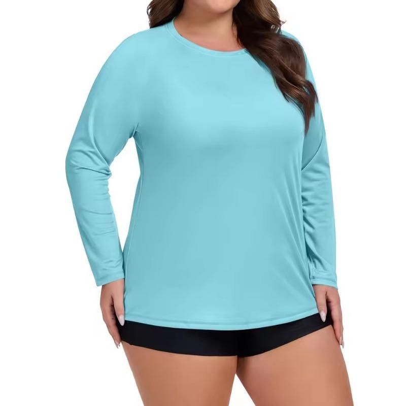Plus Size Sport Sunscreen Top Women Summer Sunscreen Quick-drying Long-sleeved 3D T-shirt Round Neck Solid Color Breathable Tee