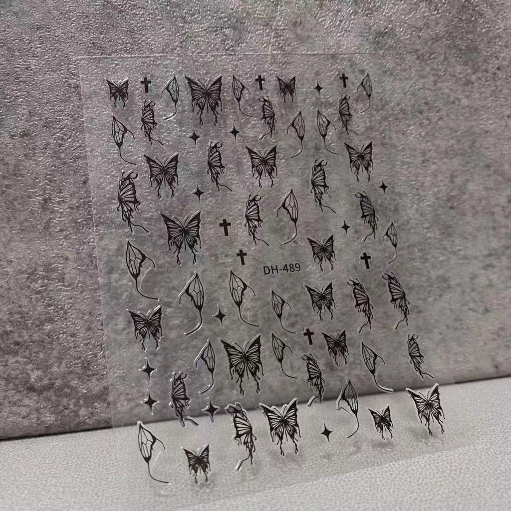 Nail Art Hand Painted Liquid Butterfly Sticker Silver Dark Waterproof Ins Hollow Black and White Silver Decals