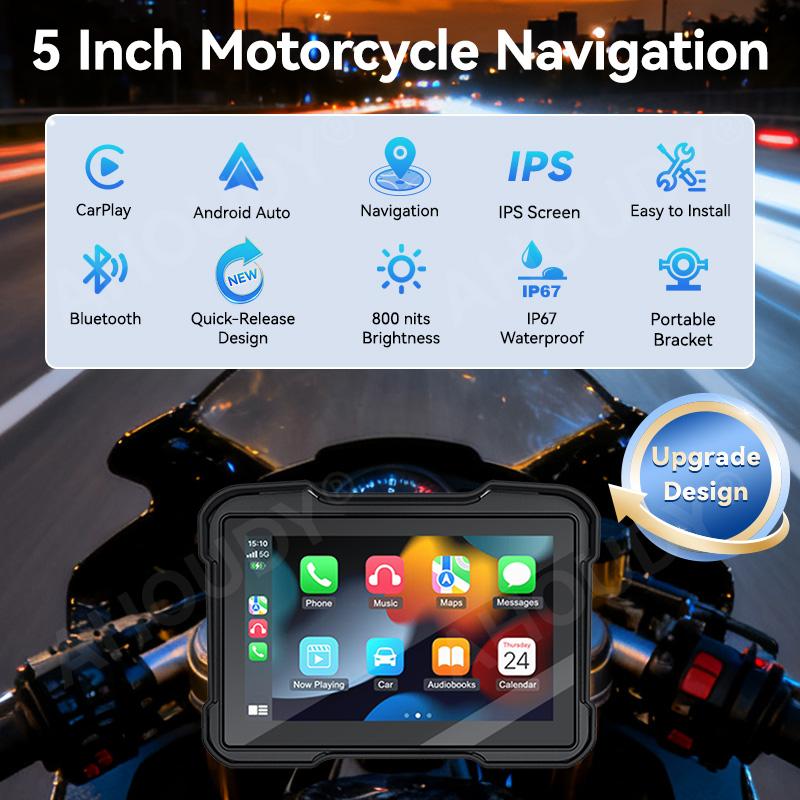VENBES 5" Motorcycle Carplay Display Wireless Android Auto Carplay GPS Navigation USB Type-C Fast Charging