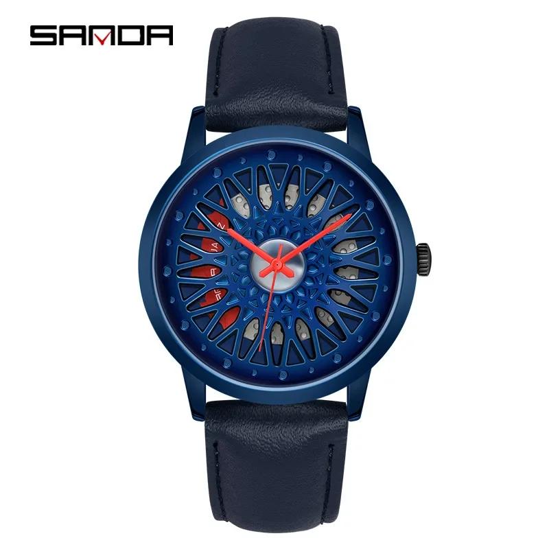 Fashion Sanda 1060 Car Wheel Hollow Out Design Carved Dial Waterproof Strap Optional Quartz Movement Men Leisure Sports Watches