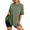 Womens Solid Color Cotton Blend Short Sleeve T-Shirt Loose Fit Round Neck Side Slit Casual Top