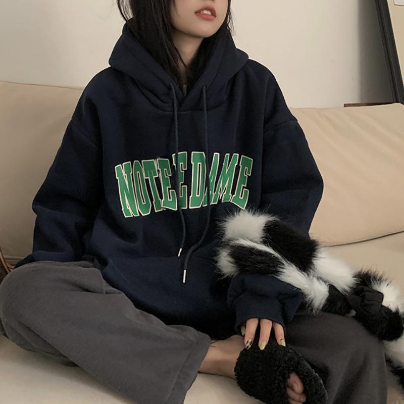 Padded Hooded Sweater Female Autumn and Winter Big Size Printed Fleece Shirt Autumn and Winter Loose Tops Fashion Retro Versatile Sweatshirt