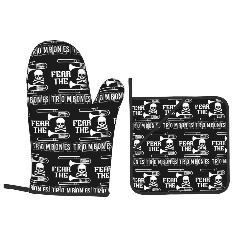 Fear The Trombones Oven Mitts and Pot Holder Sets of 2 for Baking Kitchen Cooking Grilling Resistant Non-Slip Gloves