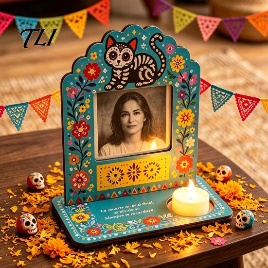 Photo Frames with Candle Holders Day of The Dead Frame Integrated Holder, Decorative Mexican Theme Decorations Sugar Skull Picture Frame,