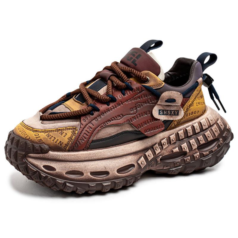 New Exquisite Sneakers Lace Up Color Blocked Breathable Casual Shoes with Increased Height and Thick Bottom Men's Running Shoes