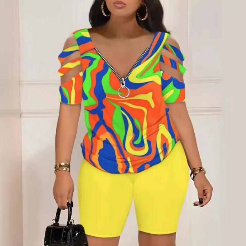 Весенне-летний комплект из двух предметов с короткими рукавами и принтом для женщин