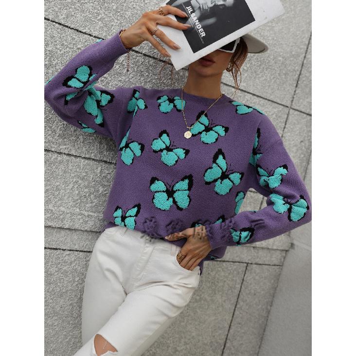 2024 Осень-Зима Европейский И Американский Печатный Бабочка Круглый Вырез Женский Свободный Плюс Размер Вязаный Свитер Пуловер Свитер