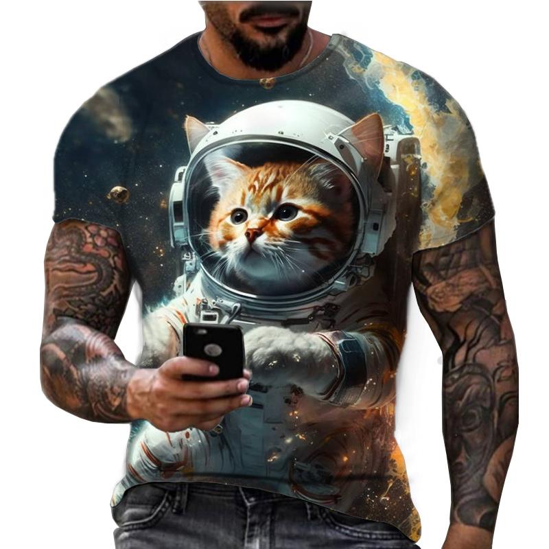 Крутая футболка с изображением кота-астронавта для мужчин с 3D-принтом в виде космоса, футболка с коротким рукавом, милые модные топы с изображением животных и уличной индивидуальности