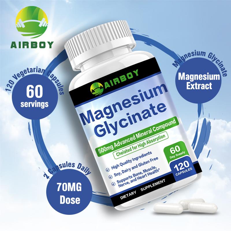Airboy - 500 mg Magnesium Glycine Supplement Capsules - Bone, Muscle, Nerve, and Heart Health