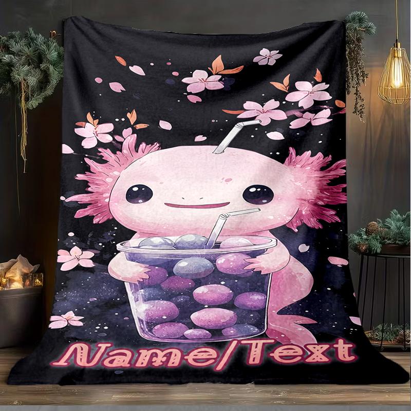 1PC Custom Name Axolotl Cherry Blossom Drink outdooor Flannel blankets Throw Blanket All-Season Throw Gift Bedspread for Couch, Bed, Camping Holiday B
