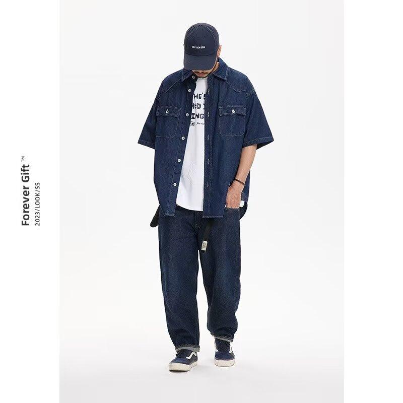 Японский ретро модный бренд летняя свободная джинсовая рубашка с короткими рукавами художественная молодежная рабочая рубашка мужская и женская многослойная куртка