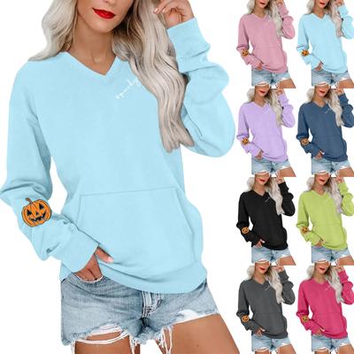 Женская повседневная модная толстовка с V-образным вырезом и длинными рукавами с принтом на Хэллоуин, легкий пуловер с капюшоном и карманами