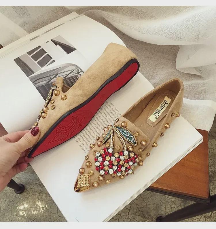 Women's 2020 Autumn Large Single Shoes - Rivet Cherry, Rhinestone Pointed Toe, Flat Style