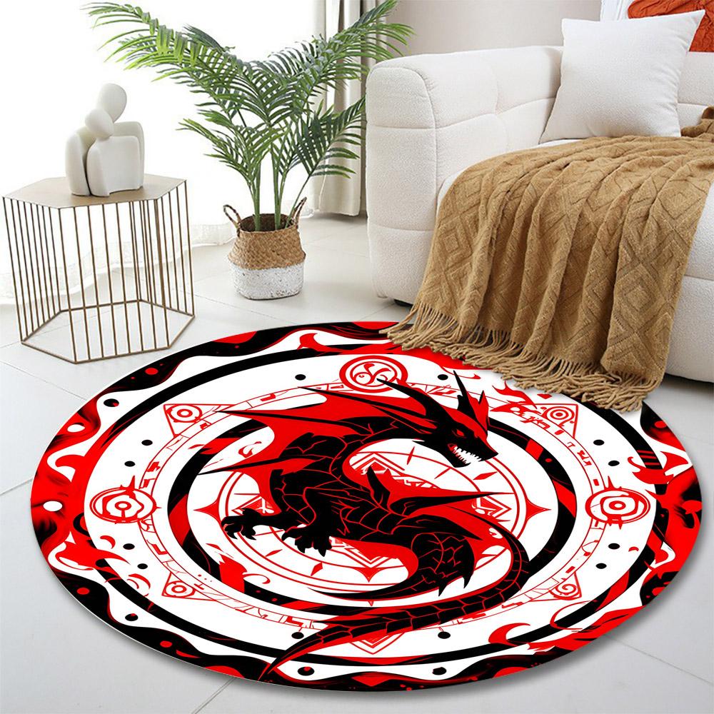 Fiery Black Dragon Design Print round rug, living room, bedroom, playroom carpet, non slip floor mat, gift