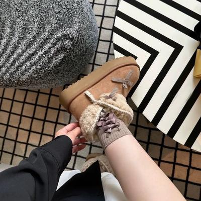 Милые ботинки-платформы с бантом, женские новые зимние бархатные утолщенные теплые хлопковые ботинки с большой головой