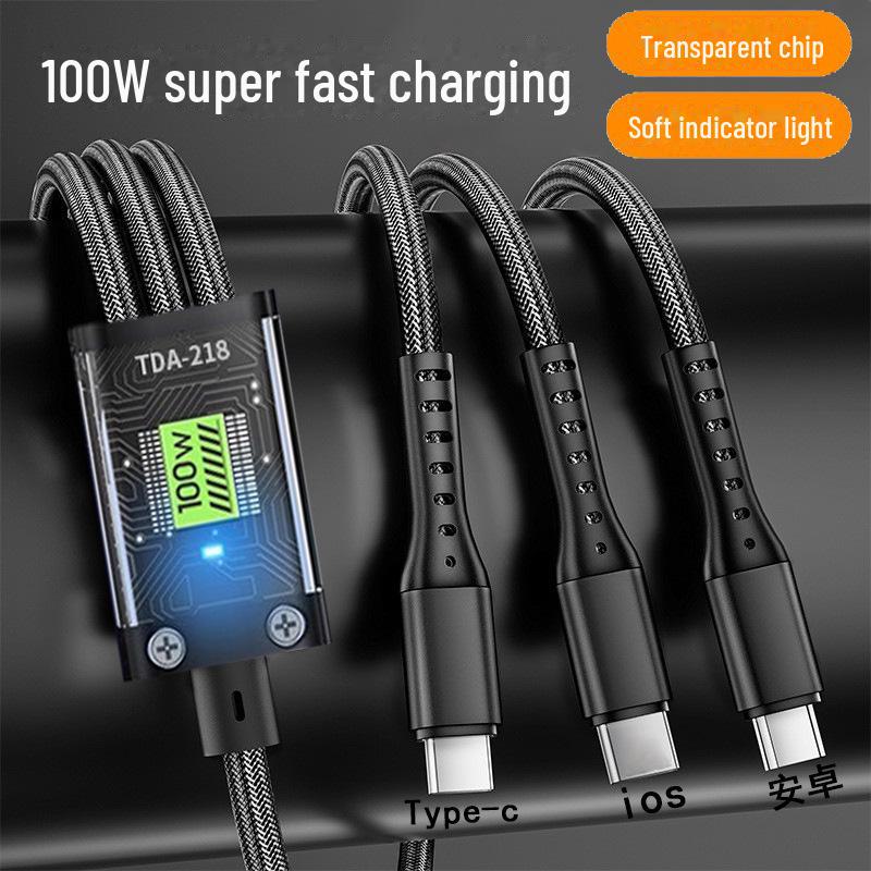 Кабель для зарядки мобильного телефона 3-в-1 с функцией быстрой зарядки мощностью 100 Вт, визуальным чипом, разъемом Type-C и световым индикатором.