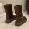 Мода 2024 Новые Модные Женские Ботинки в Британском Стиле в Стиле Вестерн-Ковбой с Морщинами на Голенище Средней Длины и Тонким Наборным Каблуком