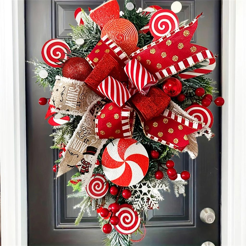 Christmas Door Wreath - Red And Candy Cane Teardrop Ornaments With Balls For Home Outdoor Decoration 3D Christmas Flower