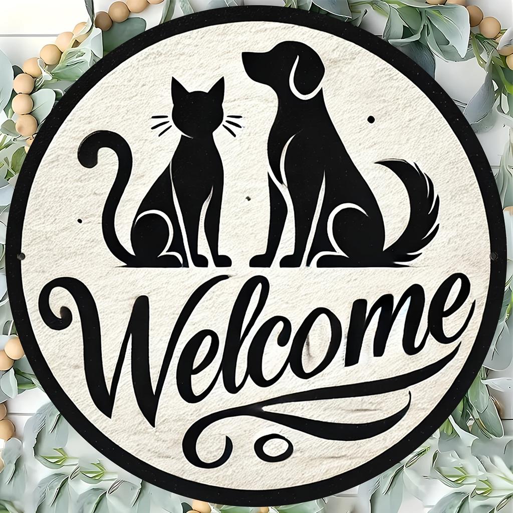 HD Tin Sign Welcome Cat Dog Round Vintage Metal Wall Art Retro Home Decor