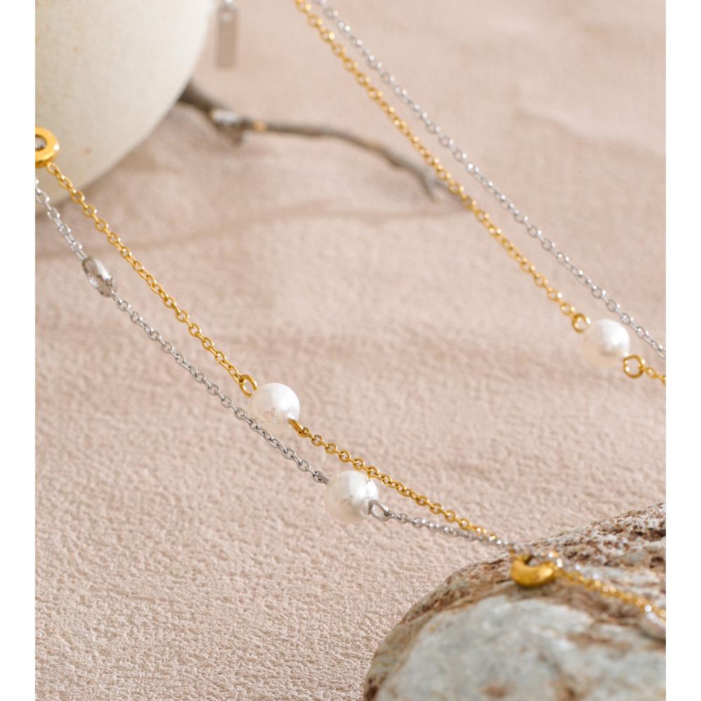 Eetit New Square Chain Stylish Stainless Steel Simulated Pearls Layered Stacking Necklace Women Fashion Charm Collar Jewelry