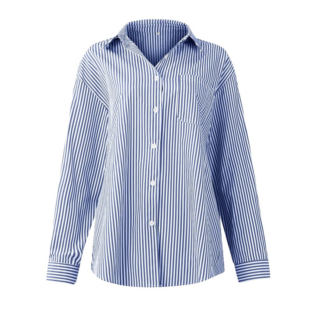 Женские полосатые рубашки на пуговицах с карманами и длинными рукавами, остроконечный воротник, топы