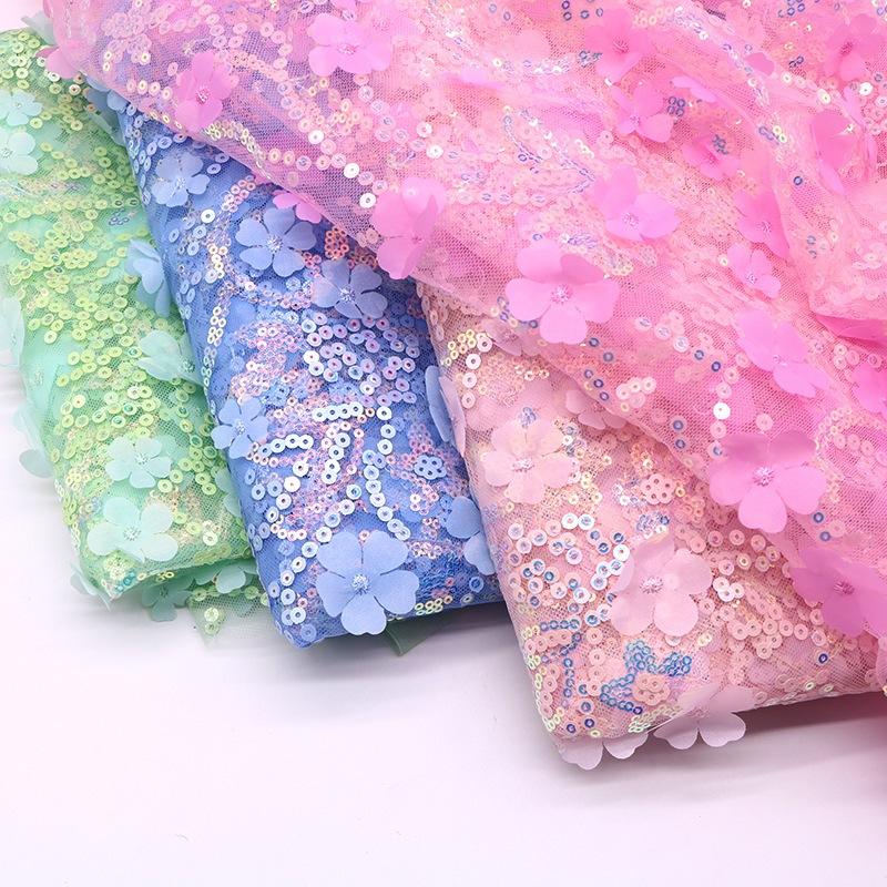3D Three-Dimensional Sequined Petal Accessories Embroidery White Mesh Mesh Cloth Background Decoration Fashion Stage Clothing Fabric