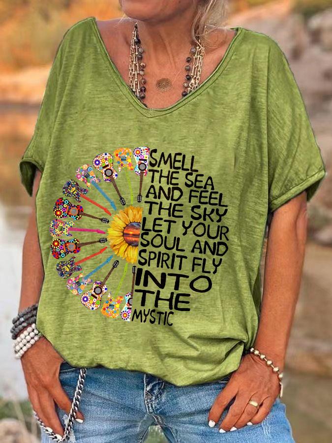 Hippie Classic T-Shirts Women's V Neck T Shirt Short Sleeve Tops Casual Loose Print Tees