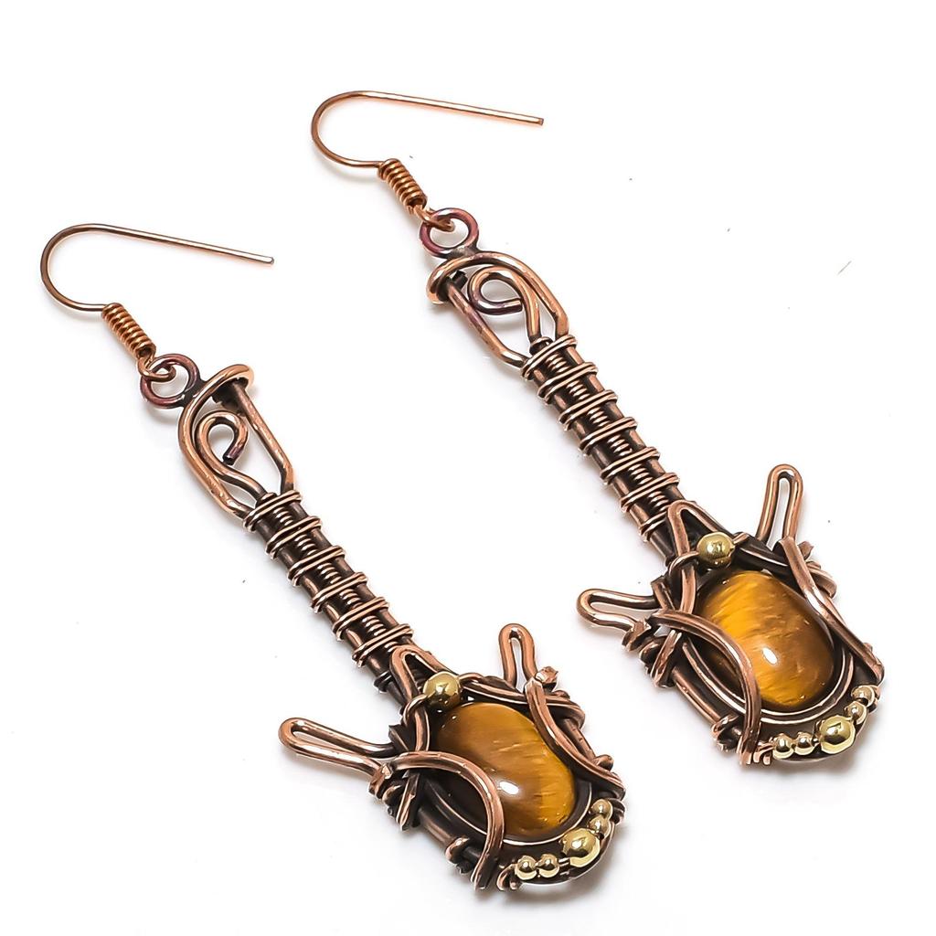 Tiger Eye 999 Copper Wire Wrapped Earrings, Handmade Gemstone Jewelry Earrings For Memorial Day