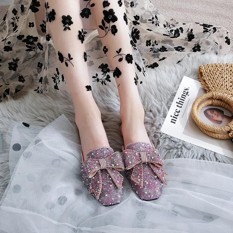 Тапочки Baotou для женщин с квадратным носком, блестками и бусинами, мюли, женская обувь, модные шлепанцы с жемчугом и блестками, большие размеры 34-43