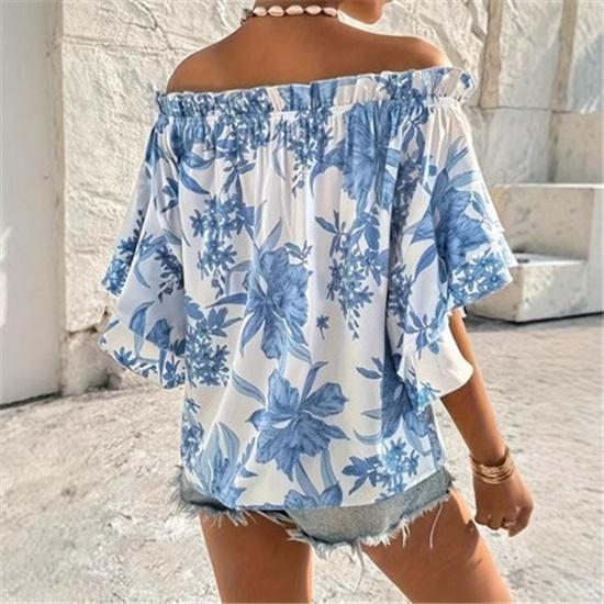 Женская летняя рубашка одной длины с открытыми плечами и цветочным принтом в виде листьев лотоса на рукавах